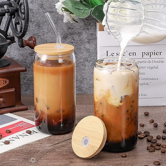 Printed Borosilicate Glass Tumbler with Bamboo lid and Glass Straw