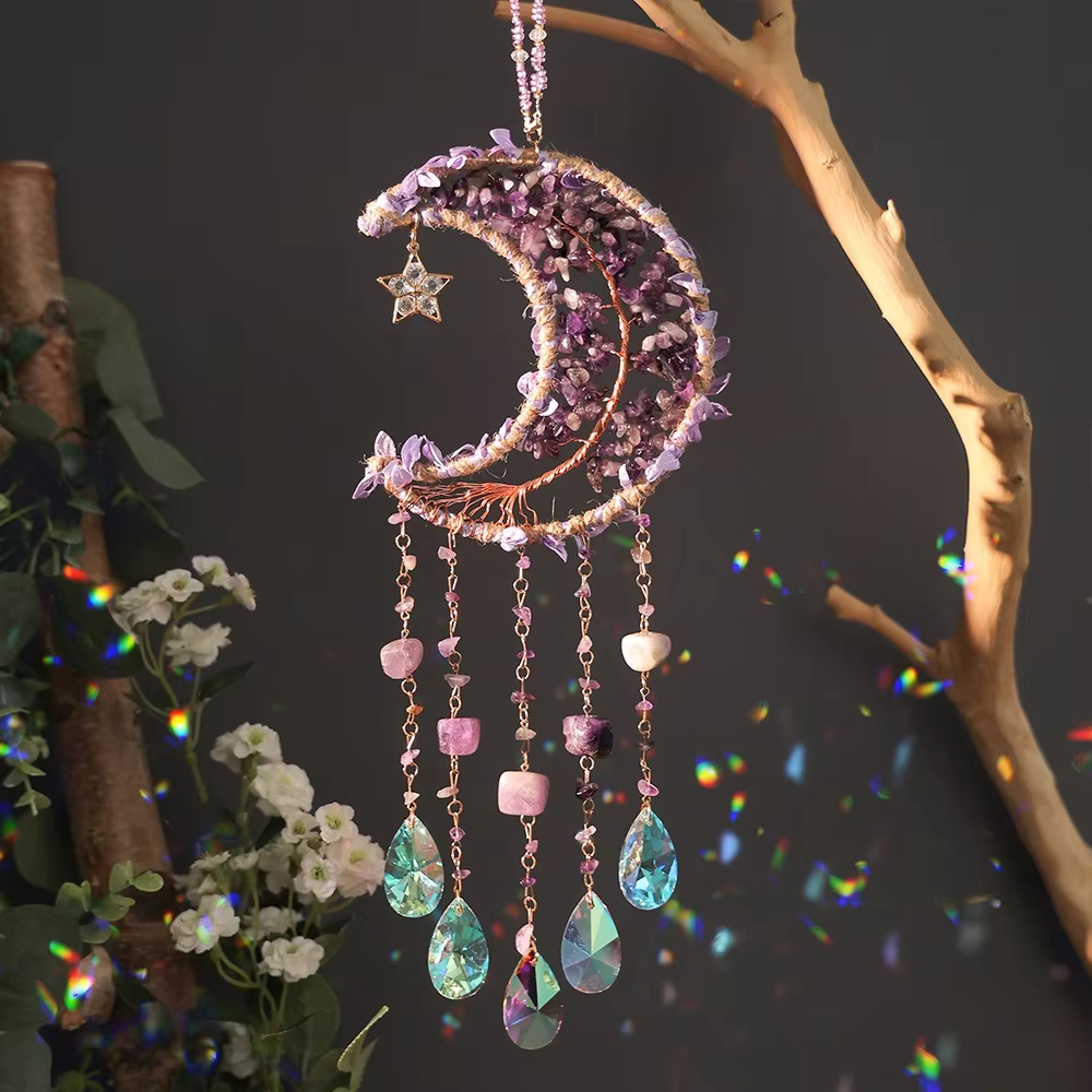 Hand-Wired Boho Natural Crystals  Suncatcher Amethyst