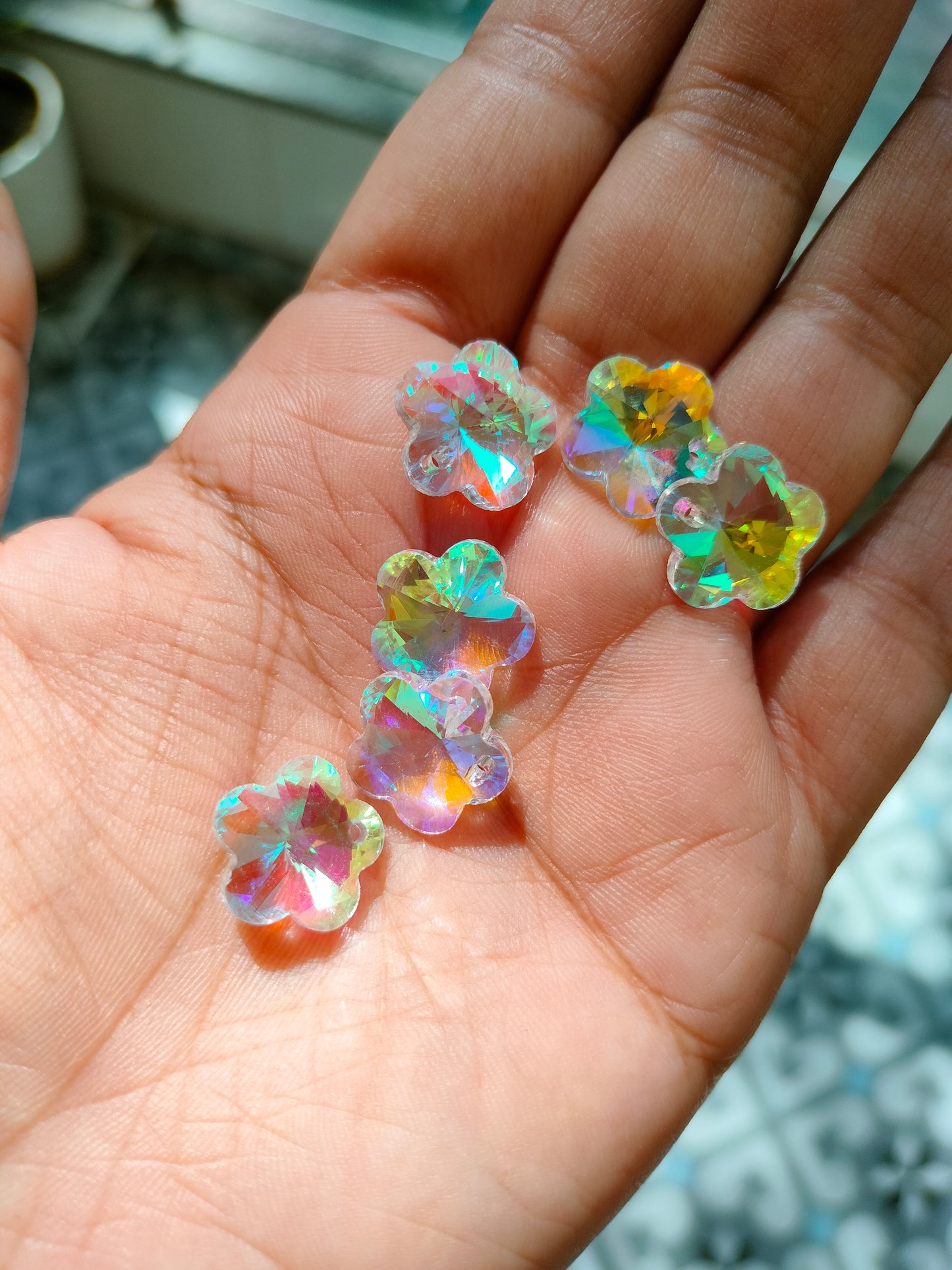 Mini 5 petal flower AB crystal.. 14 mm