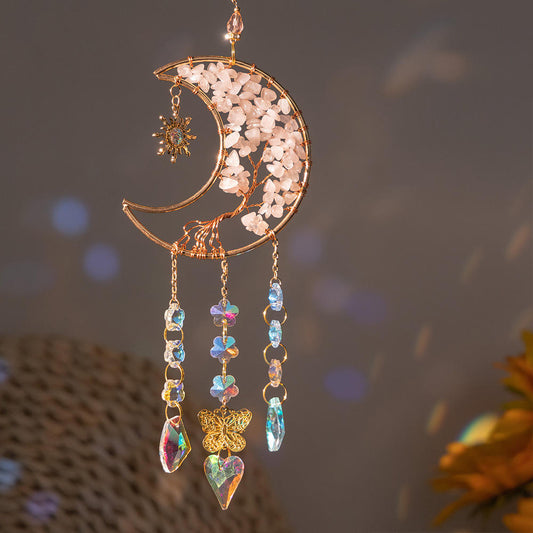 Tree of Life Prism Crystal Moon Dream Catcher - Pink